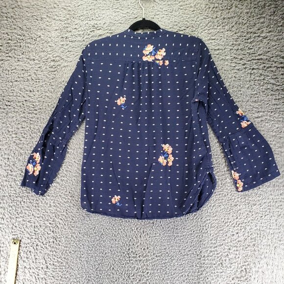 Loft Top Womens Medium Navy Blue Embroidered Floral Softened Button Blouse - Picture 9 of 10
